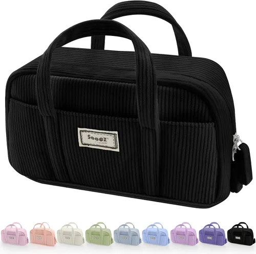 Miniatura 12 de Sooez Estuche grande para lápices, extra grande con 5 compartimentos, bolsa para bolígrafos de amplia apertura, organizador de pana suave con Beige