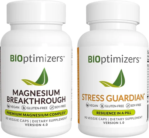 BiOptimizers Magnesium Breakthrough 4.0, (30 cápsulas) y Stress Guardian, (90 cápsulas) – Paquete de suplemento natural para el sueño, el cerebro y
