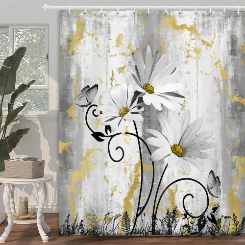 Miniatura 3 de Cortina de ducha rústica de granja, margaritas amarillas y grises con mariposa sobre fondo de madera campestre para baño, gris y blanco con 12