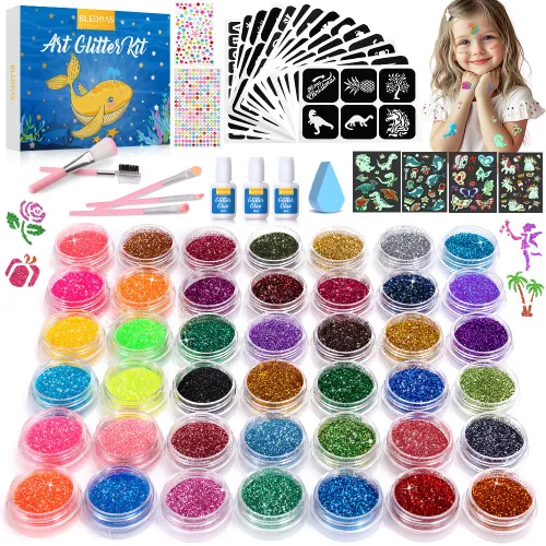 Tatuaje temporal con purpurina para niños, kit de tatuaje con purpurina de 42 colores de Bledras con 210 plantillas únicas, 3 pegamento, 5 pinceles,