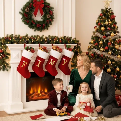 Miniatura 6 de Calcetines de Navidad personalizados con monograma, con inicial familiar, 20 pulgadas, puño de felpa blanca supersuave con cuerpo de terciopelo rojo