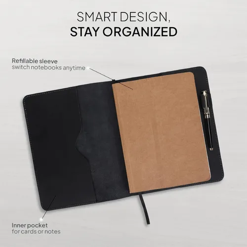 Miniatura 7 de Funda de cuero para diario XL en negro de 19 x 25 cm - Elegante y recargable cubierta protectora para diario, cubierta de planificador personal