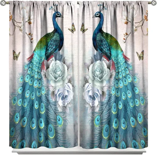 Miniatura 46 de Cortina opaca con estampado de pavo real, con estampado de animales retro, con bolsillo para cortinero y flores de peonía doradas, para dormitorio