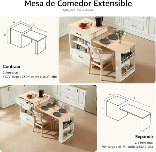 Miniatura 3 de ONBRILL Islas de cocina de 76 pulgadas con mesa de comedor extensible, mesa de isla de 2-6 para cocina, mesa de cocina móvil con almacenamiento