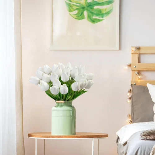 Miniatura 7 de Ouddy Decor 30 piezas de tulipanes blancos artificiales de poliuretano de tacto real, tulipanes falsos para primavera y verano, ramo floral, mesa