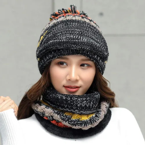 Miniatura 5 de Conjunto de 3 piezas para mujer, gorro de esquí, nieve, cuello, bufanda, máscara facial, pasamontañas, gorro de forro polar de punto de invierno