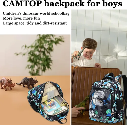 Miniatura 7 de CAMTOP Mochila infantil para escuela, niños y niñas, preescolar y primaria, Dinosaurio, Compacto