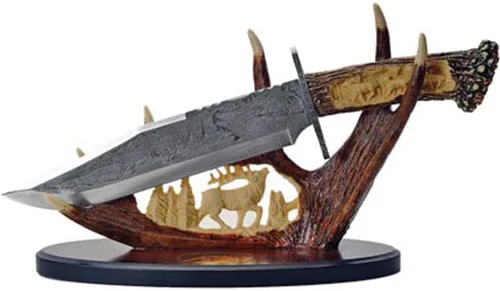 SZCO Cuchillo de asta de ciervo con soporte de exhibición de 15.25 pulgadas, cuchillos decorativos marrones con mango de ciervo y hoja de acero
