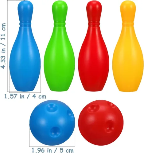 Miniatura 6 de Kisangel Mini juego de bolos para niños, 10 pines coloridos, 2 bolas, botellas de 4.33 pulgadas de alto, juego educativo de bolos para interiores
