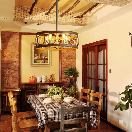 Miniatura 6 de XINGQI Candelabro de tambor de 21.7 pulgadas, lámpara de comedor de granja, iluminación de cocina de níquel cepillado de grano de madera, 5 luces