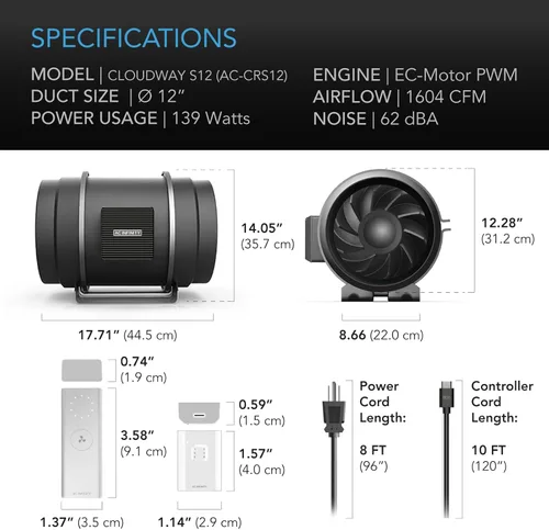 Miniatura 6 de AC Infinity CLOUDWAY - Ventilador EC S12 para toda la casa, 1600 CFM con control remoto de ventilador inalámbrico de 10 velocidades, ventilación