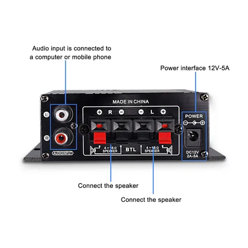 Miniatura 5 de XMSJSIY Amplificador de audio estéreo de alta fidelidad de 12 V para coche de 2 canales HiFi Bass Subwoofer Amp para coches CD DVD reproductor MP3