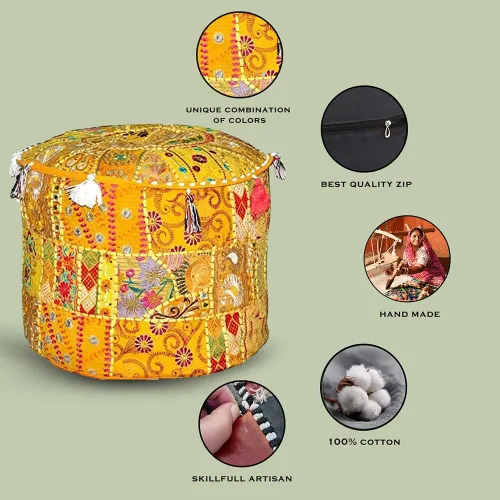 Miniatura 4 de Puf indio con reposapiés – Funda de puf otomano bordada étnica – Puf redondo de algodón – Amarillo, 22 x 14 pulgadas