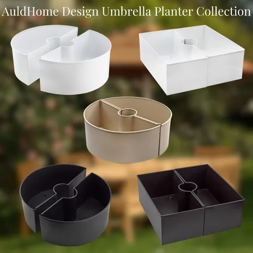 Miniatura 9 de AuldHome Design Maceta de sombrilla para mesa de patio con agujero para sombrilla (negro), macetas esmaltadas de medio círculo