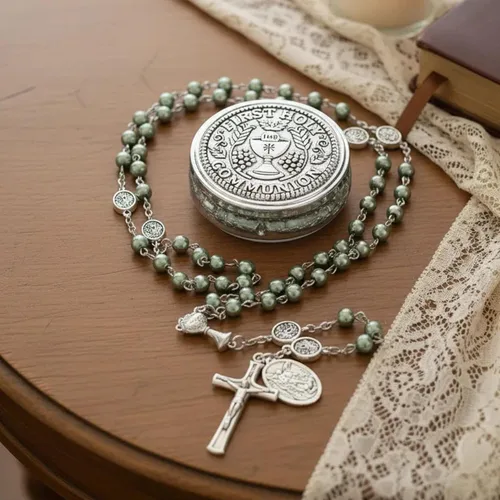 Miniatura 2 de Nazareth Store Collar de rosario de perlas de 0.315 in con medalla de San Miguel y centro de mesa de cáliz Rosarios de la Santa Comunión