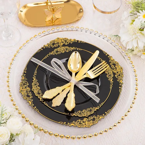 Miniatura 4 de Hioasis 210 platos negros y dorados, platos de fiesta negros para 30 invitados, incluye 60 platos resistentes (20% más gruesos que el estándar), 30