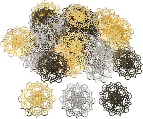 Miniatura 10 de ALIMITOPIA 30 conectores colgantes de filigrana, suministros de decoración de laminado de metal para bricolaje, horquilla, aretes, disfraces