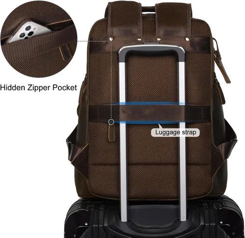 Miniatura 3 de TIDING Mochila para portátil de cuero vintage de 15.6 pulgadas para hombre, con múltiples bolsillos, mochila de viaje para negocios