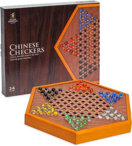 Yellow Mountain Imports Juego de mesa Halma de damas chinas de madera, 15.7 x 13.6 pulgadas, con cajones y canicas de vidrio