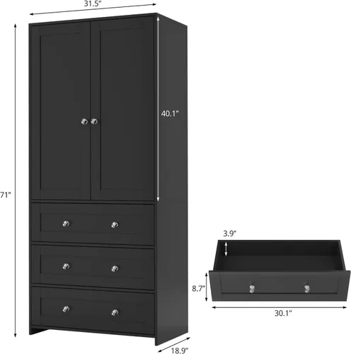 Miniatura 2 de VOWNER Armario Clóset con Cajones y Espejo, Gabinete de Almacenamiento de Ropa de 71" con Barra Colgante, Armario de Dos Puertas de Madera