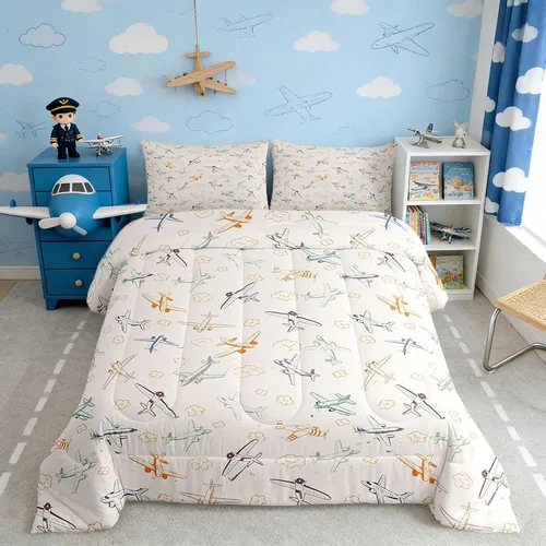 Homewish Juego de edredón de avión para niños, tamaño matrimonial, juego de ropa de cama de 3 piezas para niños, niñas, adolescentes, decoración de
