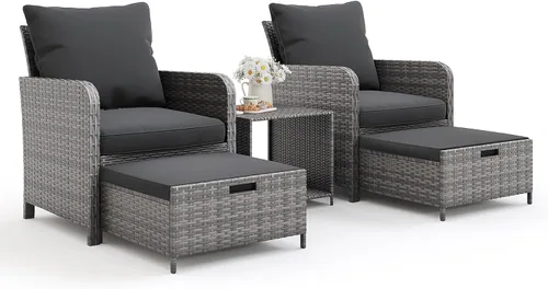 Miniatura 9 de UDPATIO Muebles de balcón - Silla de patio al aire libre con otomana para espacios pequeños, juego de muebles de patio de mimbre de 5 piezas