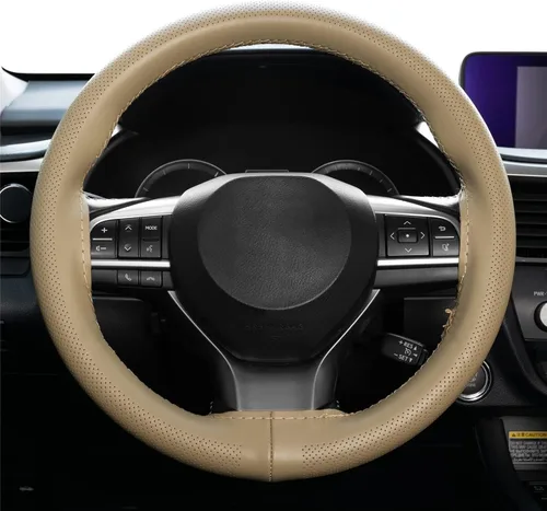 Miniatura 7 de AUTOXBERT Funda de volante de 38cm/15 pulgadas de piel auténtica para coser a mano, estilo DIY, con hilo y agujas, se ajusta para VW Ford Nissan Kia