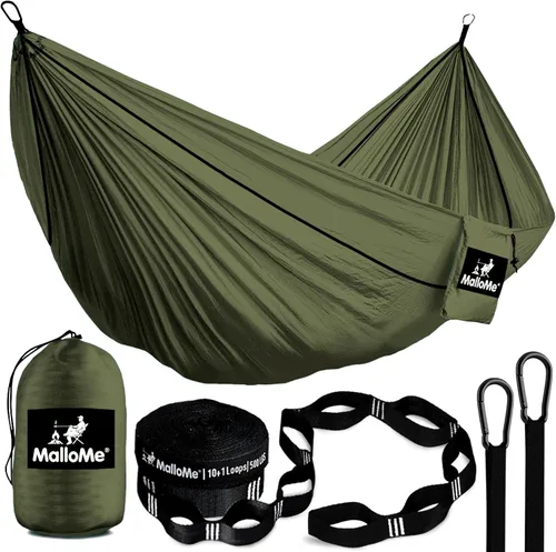 Miniatura 11 de Hamaca MalloMe para una o dos personas, para camping, set de hamaca colgante con 3 correas para árbol, hecha de nailon, es ligera, capacidad para 2