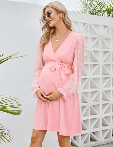 Miniatura 3 de Coolmee Vestido de maternidad de manga larga con lunares suizos, cuello en V, para otoño, casual, bohemio, vestido midi para baby shower, sesión
