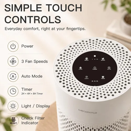 Miniatura 4 de MegaWise Purificador de aire silencioso de escritorio con 3 velocidades para oficina en casa, filtro HEPA verdadero con sensor inteligente