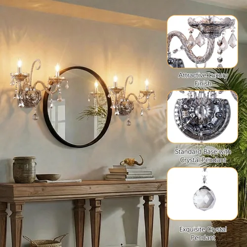 Miniatura 5 de Apliques de Pared de Cristal Luces de Pared Elegantes Lámpara de Pared de Cristal Gris Retro Juego de 2 Candelabro de Estilo Europeo Adecuado