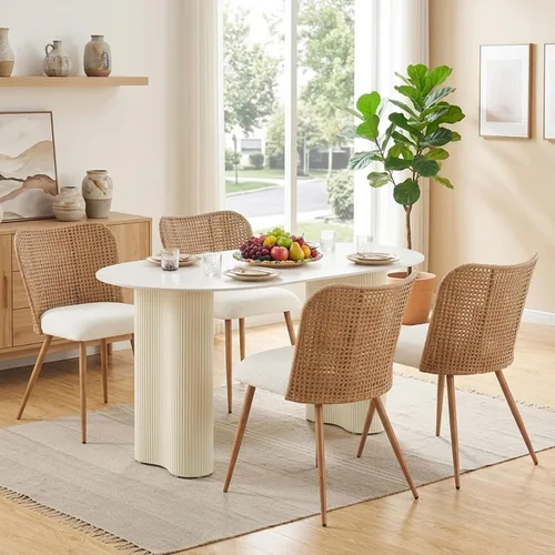 Miniatura 10 de Juego de 4 sillas de comedor de ratán con patas de metal, sillas de comedor modernas tapizadas para cocina, restaurante, comedor, color marrón