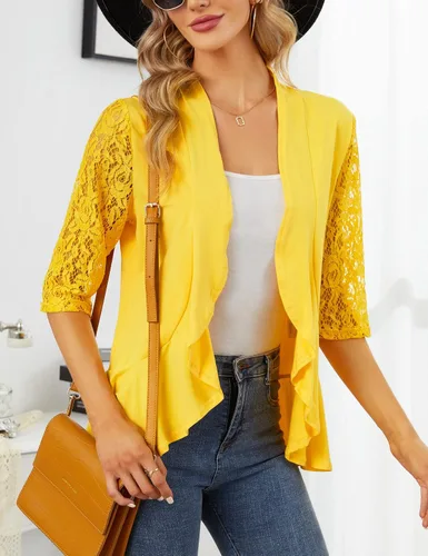 Miniatura 5 de KOJOOIN Blusas para mujer, ligeras, manga 34, casual, con encaje, parte delantera abierta, con volantes drapeados