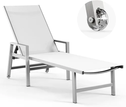 Miniatura 14 de Vexwalx Tumbona para patio al aire libre con ruedas y reposabrazos, sillas reclinables ajustables de aluminio de 5 posiciones, sillas de playa al