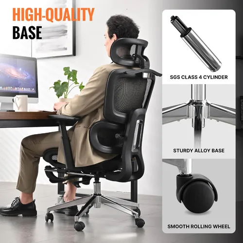 Miniatura 6 de Silla de oficina ergonómica, silla de escritorio de malla para el hogar, cómoda silla de juegos con reposapiés, ruedas, reposacabezas 2D ajustable