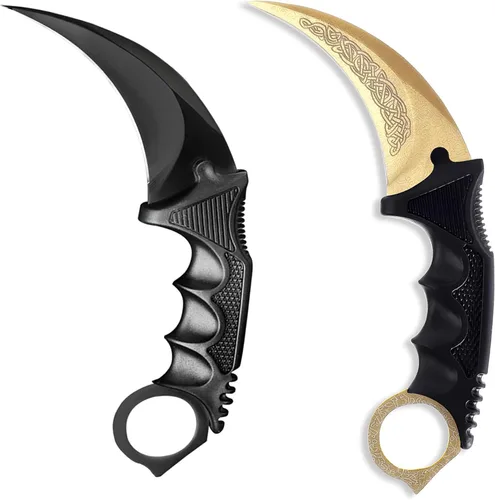 Miniatura 9 de Karambit - Cuchillo táctico de hoja fija, 2 piezas de acero inoxidable para exteriores, cuchillo de caza con funda y cable, adecuado para Dorado