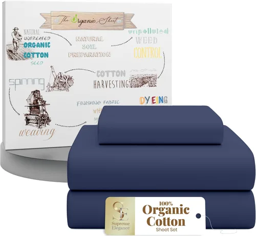 Miniatura 15 de SUPREME ELEGANCE Juego de sábanas tamaño King 100% algodón orgánico, percal nítido, ligeras y transpirables, sábanas de cama azul oscuro, bolsillo