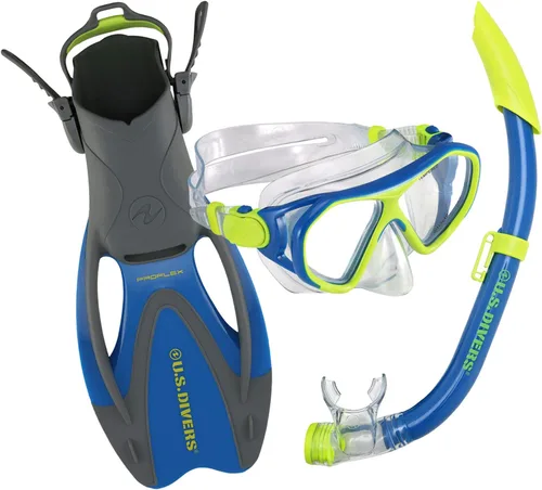 U.S. Divers Dorado II - Máscara juvenil, aletas ProFlex, juego juvenil de esnórquel Seabreeze DX, aletas grandes para niños de 5 a 8, azul/amarillo