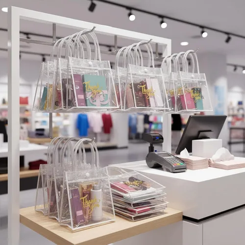 Miniatura 6 de Leinuosen - 50 bolsas de regalo transparentes con asas de 5.9 x 5.1 x 2.76 pulgadas, bolsas de agradecimiento de PVC transparente, suministros