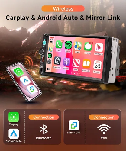 Miniatura 2 de Rimoody Estéreo de coche de doble DIN Android de 4 GB+64 GB con Carplay inalámbrico y Android Auto, pantalla táctil IPS de 7 pulgadas, FM/RDS