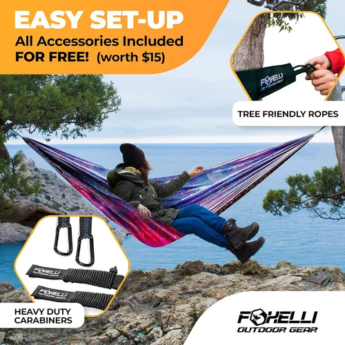 Miniatura 2 de Foxelli Hamaca de camping – Hamaca portátil de nailon de paracaídas ligera con cuerdas de árbol y mosquetones, perfecta para exteriores, mochileros