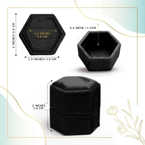 Miniatura 2 de Caja de terciopelo para anillos, color negro, con 2 ranuras, exquisita caja para anillos de boda, preciosa caja hexagonal para anillos de boda