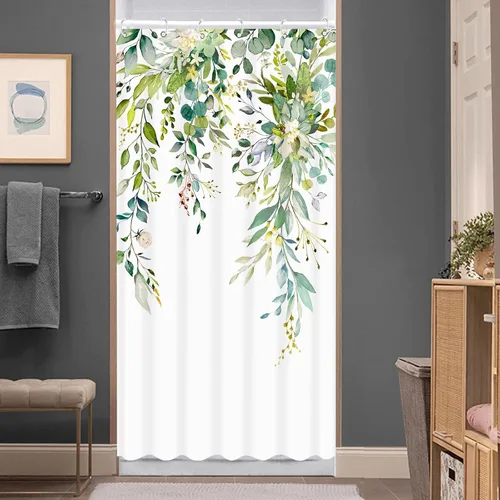 Miniatura 6 de Juego de cortinas de ducha de eucalipto verde en acuarela, flores y hojas, cortinas de ducha para baño, flores botánicas, tela impermeable