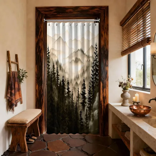 Miniatura 26 de Cortina de ducha azul marino de bosque Cortina de ducha azul oscuro de montaña y naturaleza para decoración de baño de hombres, tela impermeable