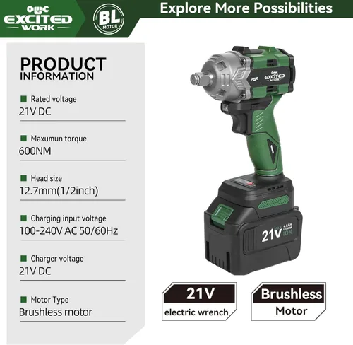 Miniatura 7 de Juego de llave de impacto sin escobillas de 20 V, llave de impacto de 1/2 pulgada de 600 Nm con 2 baterías de 4.5 Ah, pistola de impacto de alto par