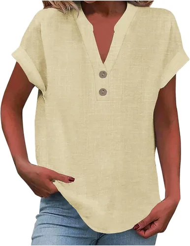 Camisas de lino para mujer 2025 verano casual cuello en V botón abajo manga corta tops moda cómodo negocio trabajo blusas, beige (A-Beige)
