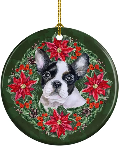 Caroline's Treasures Corona de flor de pascua de bulldog francés en blanco y negro, adorno de cerámica para colgar en el árbol de Navidad,