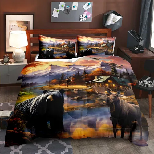 Miniatura 16 de LUVIVIHOME Juego de edredón de 3 piezas con diseño de osos negros y ciervos tamaño King, con estampado de alces, alces, patos Mallard, animales Oso
