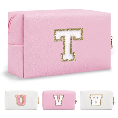 Miniatura 318 de Pequeña bolsa de maquillaje personalizada con inicial A-Z Preppy Patch, bolsa de cosméticos de viaje de felpilla blanca con cremallera, bonita bolsa