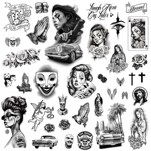 Los Vatos Chicano Vol. II - Cholo y Chola Tatuajes Temporales Para Hombres Mujeres, Payasa, Lowrider, Virgen María, Oración, Cruz, Chicana,